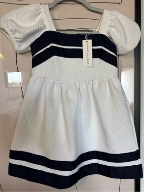 Janie and Jack NWT White & Navy Girls' Puff-Sleeve Dress